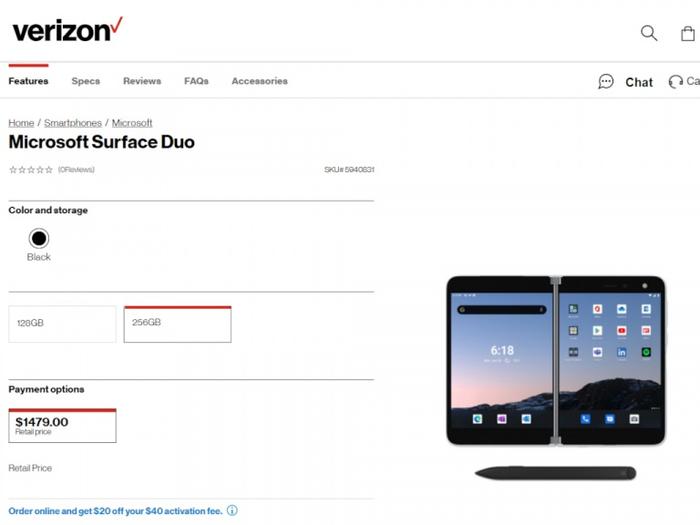 微软Surface Duo Verizon 版即将上市：售价约9112 元起，显示有黑色版_