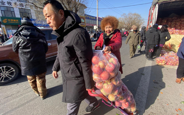 推车苹果回家过年。新京报记者 王巍 摄