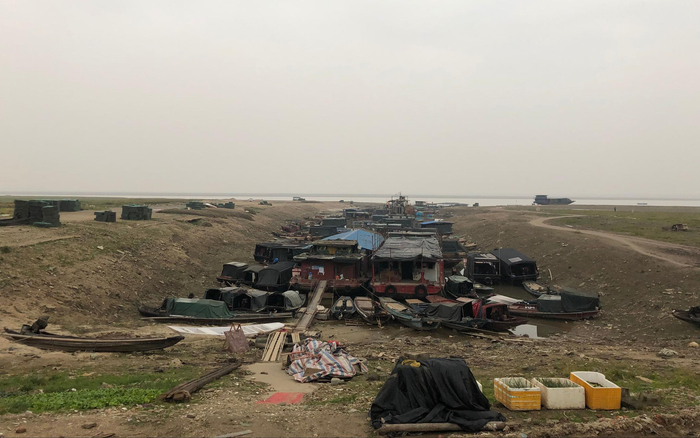  1月1日，湖南省岳阳县东洞庭湖边，洞庭湖水位下降，众多渔船搁浅在码头边。新京报记者 韩沁珂 摄