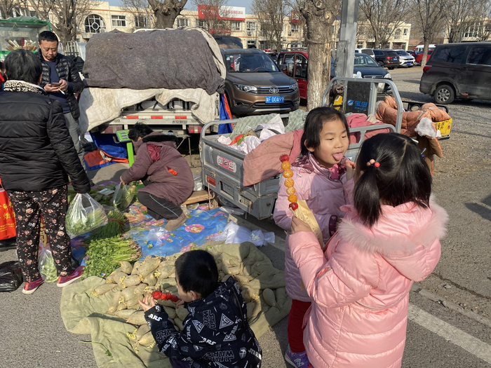 两个小姑娘吃着糖葫芦心里美滋滋。新京报记者 景啸尘 摄