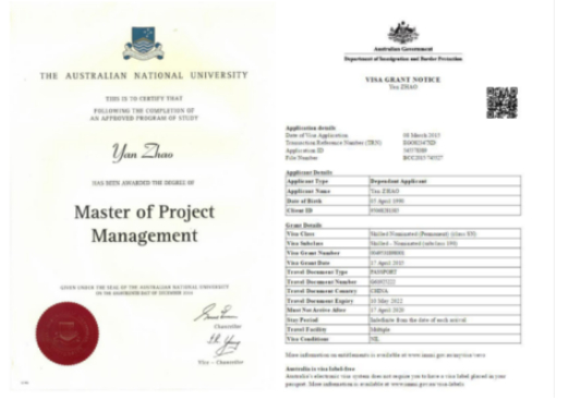 ▲ 赵闫澳大利亚国立大学的硕士毕业证（左一）和澳大利亚政府颁发的永居签证（右一）。（受访者提供）