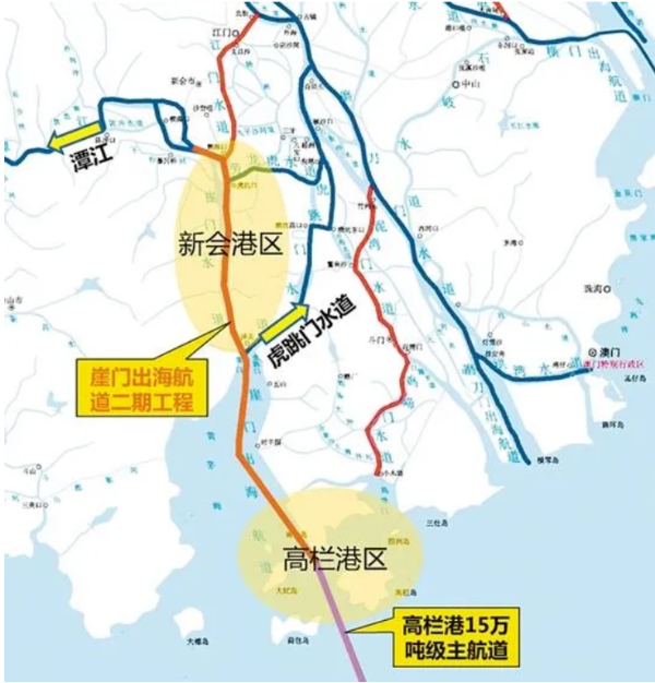 崖门出海航道二期工程走向示意图