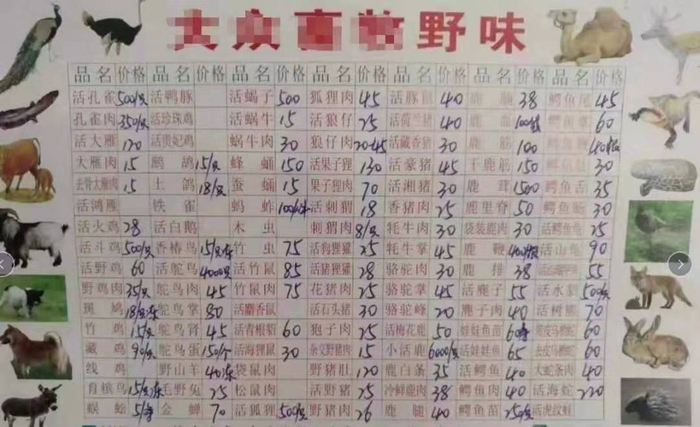 某市场野味价格一览。图片来自于网络