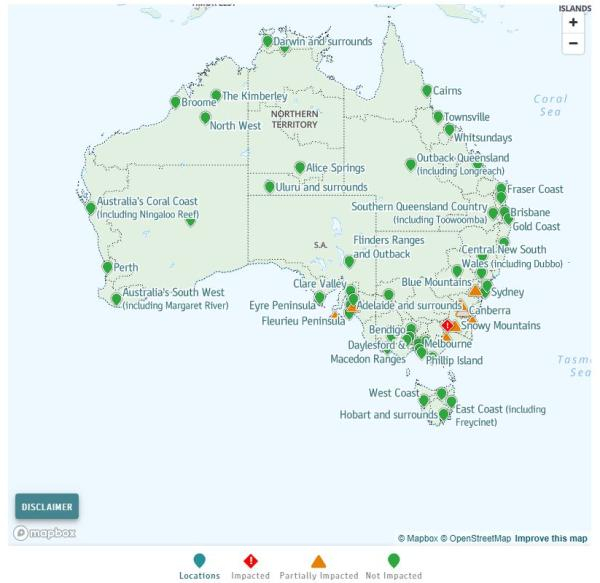澳大利亚旅游局官网上的地图，显示的是1月21日受山火影响的情况。底部图例分别意为：“地点”“受影响”“部分受影响”和“未受影响”