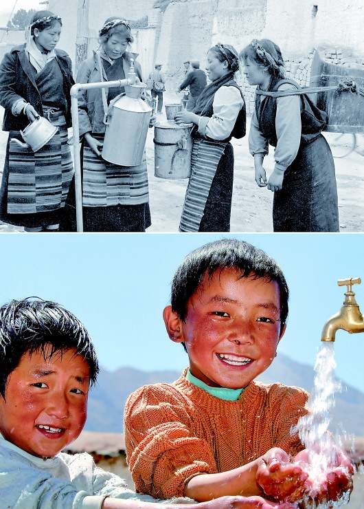 ▲西藏拉萨达孜县（现达孜区）朗热村的儿童在用自来水洗脸（资料照片）。西藏江孜古镇千百年来靠人背畜驮饮水，上个世纪80年代，江孜古镇建起一座小型自来水厂，解决了人畜饮水问题。　　 新华社发