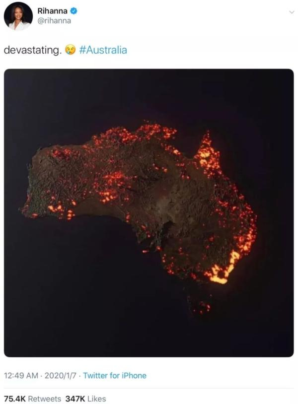  蕾哈娜在社交媒体上贴出的错误的澳大利亚火情图