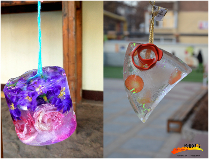 孩子们和家长制作的具有独特风格的冰灯。