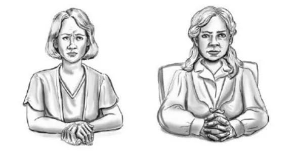 △ 双手交握和十指交接紧握对比，从简单的手部动作，就能判断对方的内心想法