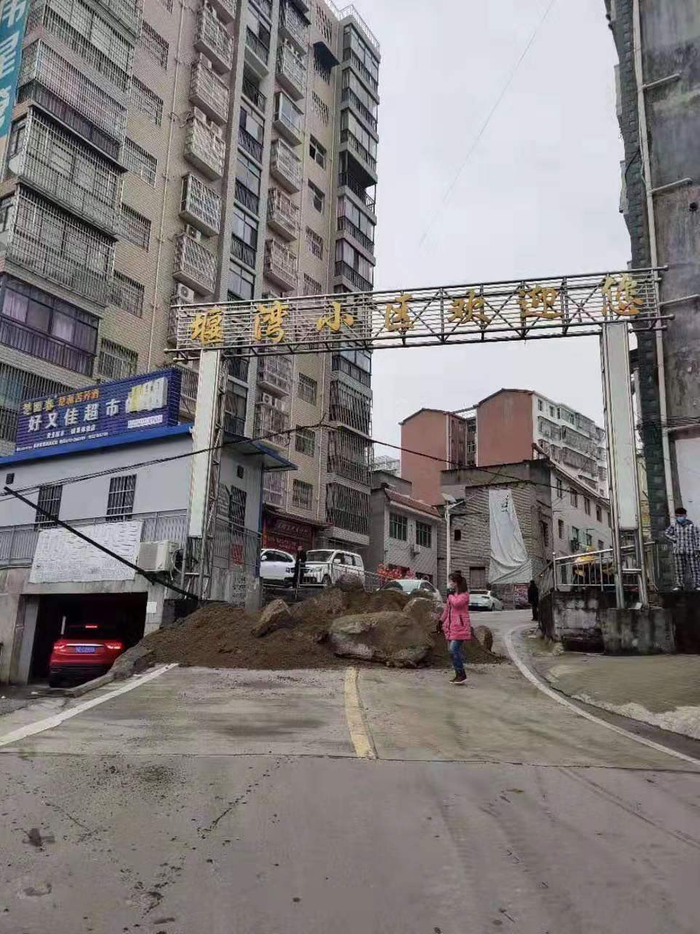 宜昌秭归县茅坪镇杨贵店村一小区前的道路被土石方封闭。受访者供图