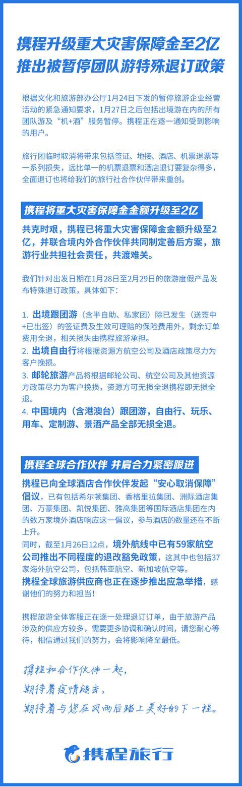 携程升级重大灾害保障金至2亿 推出被暂停团队游特殊退订政策