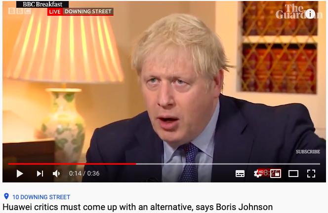 △英国首相约翰逊1月14日接受BBC采访称，抵制华为的人请提供替代方案。 图片来源：BBC/《卫报》