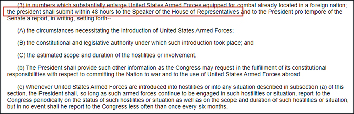 “战争权限法”对总统权力进行约束：行动后48小时内通知国会