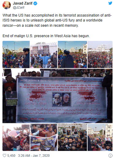  伊朗外长扎里夫推文截图