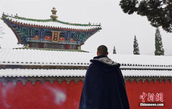 资料图：少林寺僧侣赏雪。岳龙 摄