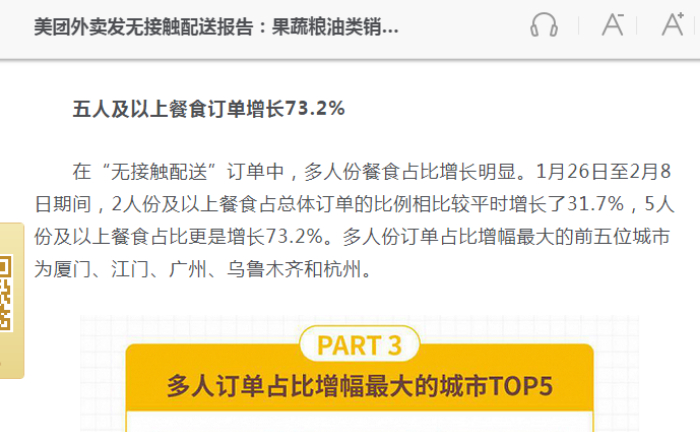 美团外卖《无接触配送报告》中显示，多人份餐食占比增长明显。网络截图