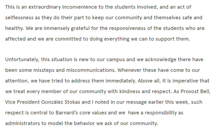 　　△ 2 月 6 日，巴纳德学院院长莱斯莉·格里内基（Leslie Grinage）在官网上发表公开信函，肯定了相关中国学生配合隔离的行为，并承认学院可能存在不当操作和沟通中的误解。图片来源 | 巴纳德学院官网