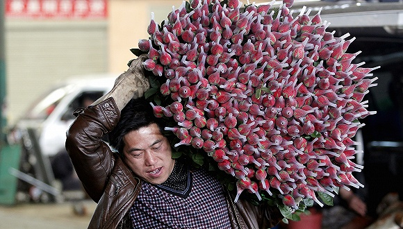 斗南鲜花市场上搬运玫瑰花的商贩。