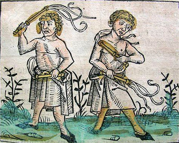 鞭笞者赤裸上身，进行自我鞭打。