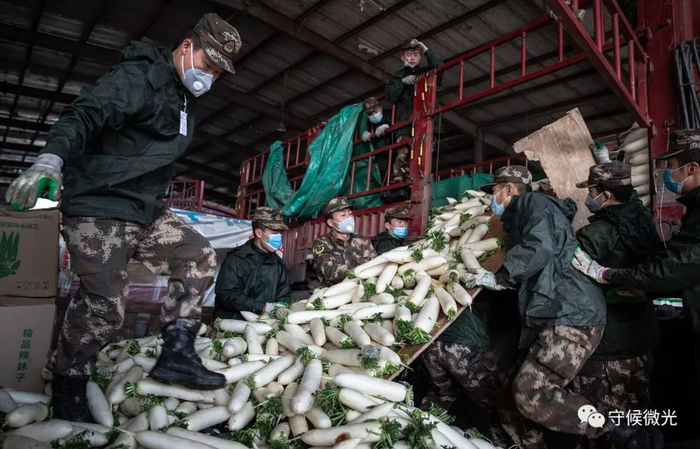  2月17日，湖北省孝感市沙沟蔬果批发市场，工作人员从一辆来自重庆的货车上卸下捐赠的白萝卜。据介绍，各地捐赠给孝感的蔬果等生鲜物资都在这里集中分配。中青报·中青网记者 李峥苨/摄