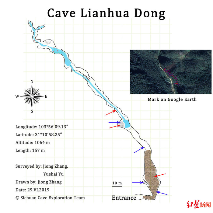 ↑莲花洞测绘图。四川洞穴探险队测量组绘制