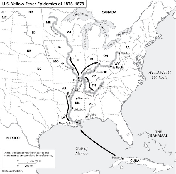 图3：1878年美国密西西比河黄热病瘟疫扩散示意图
