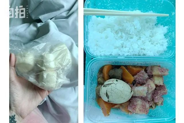 2月1日李悦在住院时的早饭（左）和午饭（右） 图来自“自拍”，经受访者同意发布