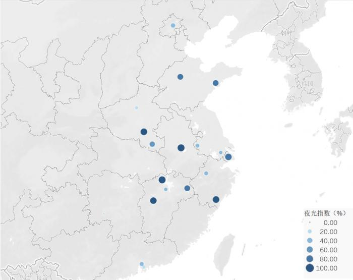 全国部分城市夜光指数涨幅情况（数据截止至2月23日）
