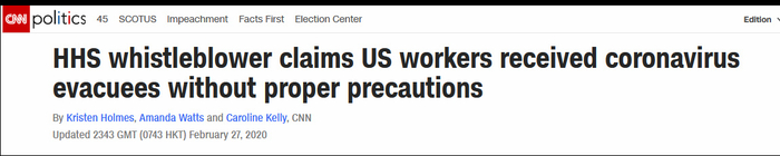 CNN：HHS“吹哨人”称协助撤侨的工作人员没有采取适当预防措施