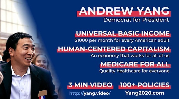 参加美国民主党总统候选人提名的杨安泽提出“以人为中心的资本主义”