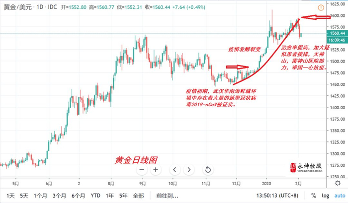 新冠肺炎疫情的演绎作用下黄金日线走势