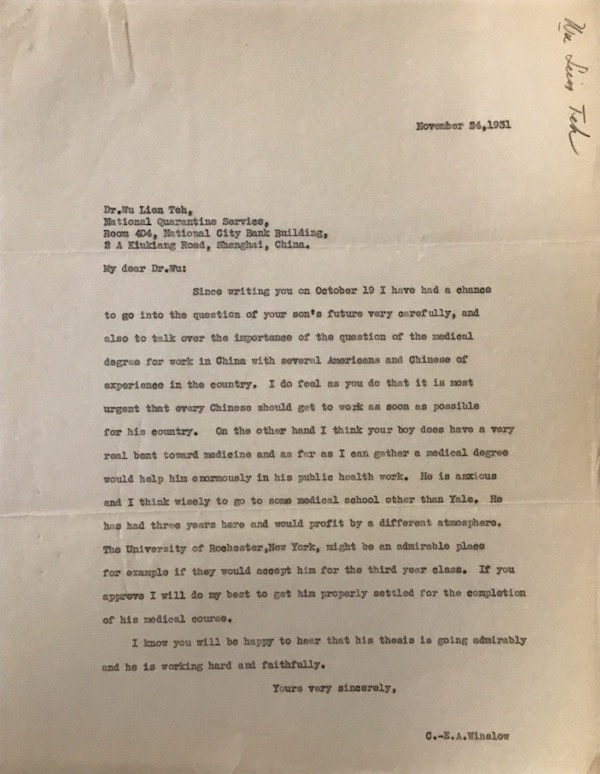 温斯洛1931年11月24日致伍连德函（耶鲁大学斯特林图书馆藏）