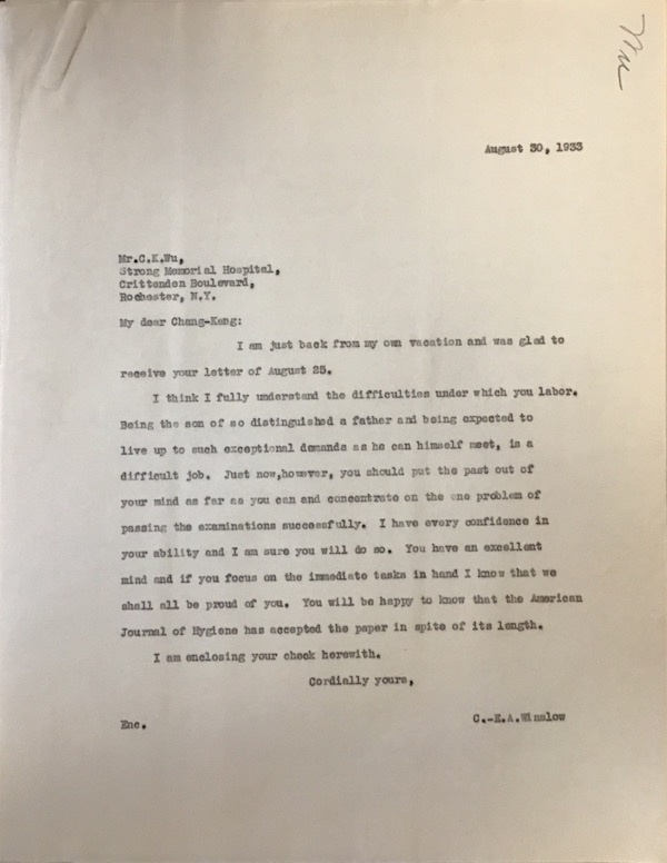 温斯洛1933年8月30日致伍长庚函（耶鲁大学斯特林图书馆藏）
