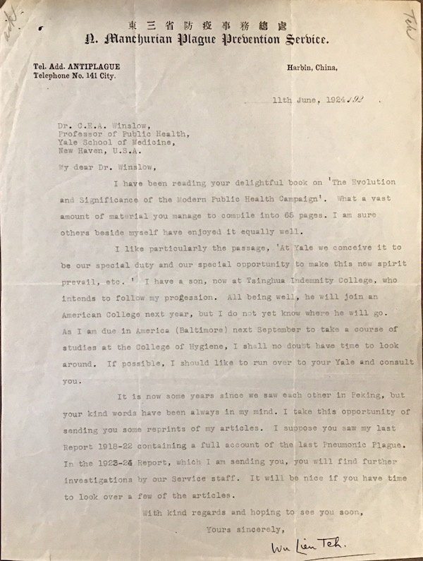 伍连德1924年6月11日致温斯洛函（耶鲁大学斯特林图书馆藏）