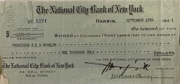 伍连德致温斯洛教授一千美元支票（耶鲁大学斯特林图书馆藏）