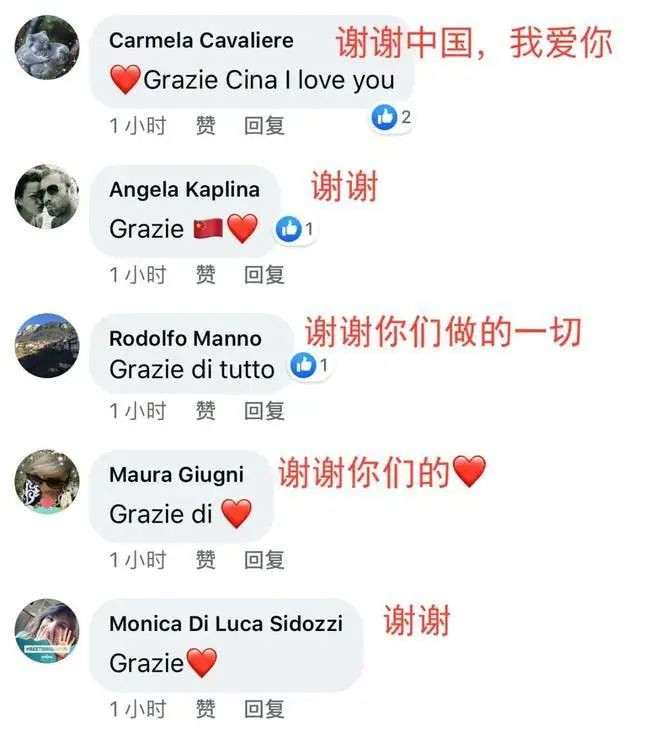  意大利网友在社交网站上刷屏回复感谢中国