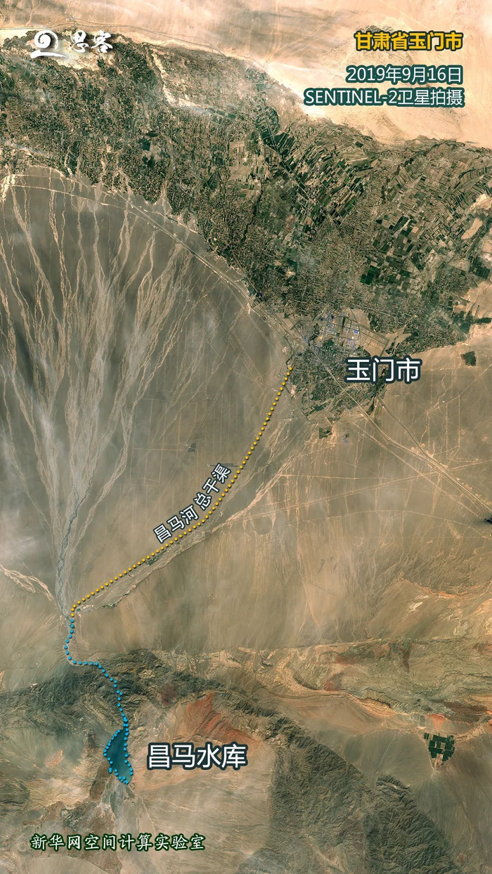 ▲图为甘肃省玉门市境内疏勒河流域昌马灌区。卫星资料来源：SENTINEL-2