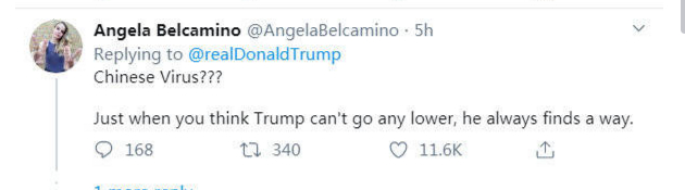 △网友Angela ： 中国病毒？当你觉得特朗普没办法更差劲了，他总能想出新的方式来。