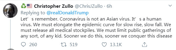 △网友Christopher Zullo：新冠病毒是全人类的病毒。