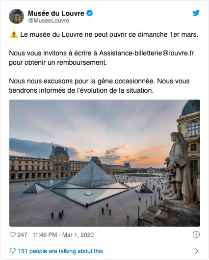 卢浮宫在社交网络上也同时公布当日闭馆。