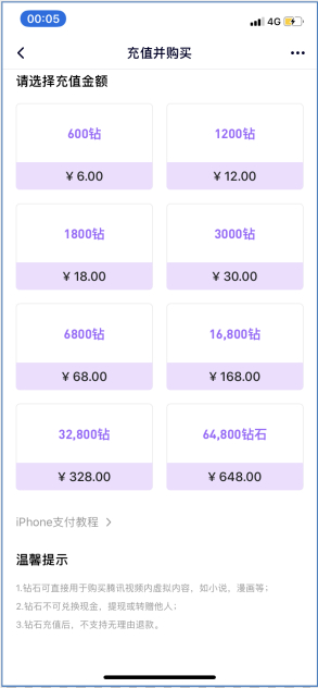 △腾讯视频固定充值金额，不支持无理由退款。