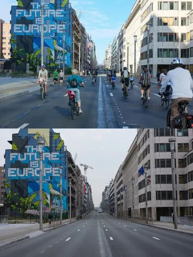 此为拼版照片。上图：2019年9月22日，在比利时首都布鲁塞尔主干道——法律大街上，不少人在骑行。下图：2020年3月19日，法律大街空空荡荡。新华社记者 张铖 摄