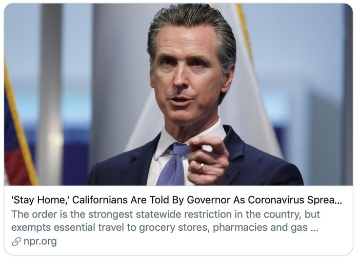  当地时间19日，加州州长宣布“封城”。推特截图
