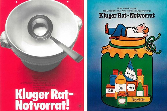  1968年与1980年的“明智的建议——应急储备”传单。来源：瑞士国家经济供给联邦办公室