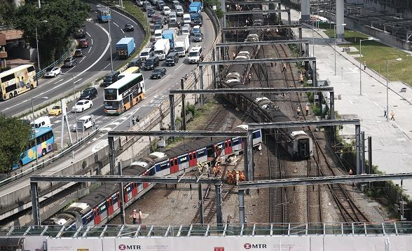 图为2019年港铁红磡站出轨现场画面