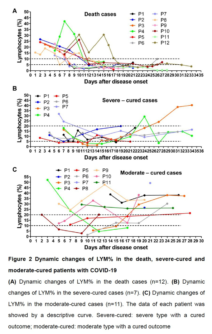  图2：新冠肺炎死亡、重症治愈和中症治愈患者淋巴细胞百分比的动态变化