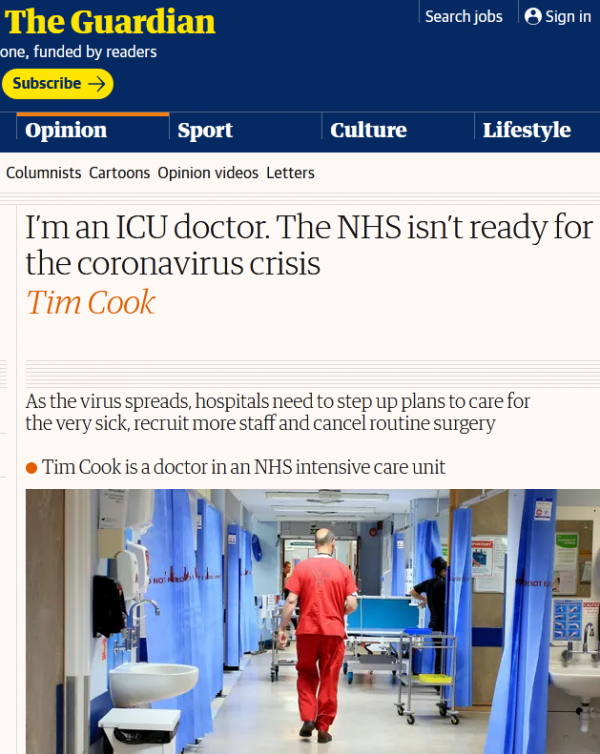  3月3日《卫报》刊文《我是一名英国重症病房医生。新冠病毒当前，英国医疗服务体系没有做好准备》