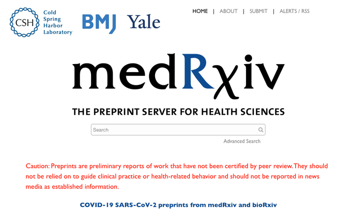 medRxiv首页有一串醒目的提醒。