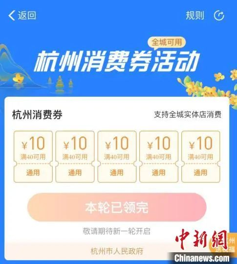 手机上申领杭州消费券页面。中新社记者 黄慧 摄
