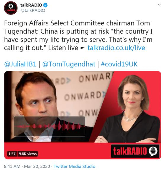  △英国议会外交事务委员会主席汤姆·图根哈特参加广播节目