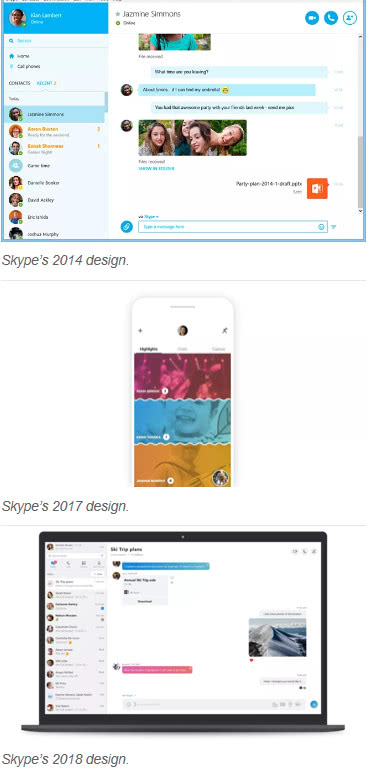 图3：微软分别在2014年、2017年以及2018年重新设计Skype